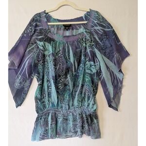 Lane Bryant Fairy Floral Sheer Mermaid Top Smocked Waist Purple Blue Size 18/20W